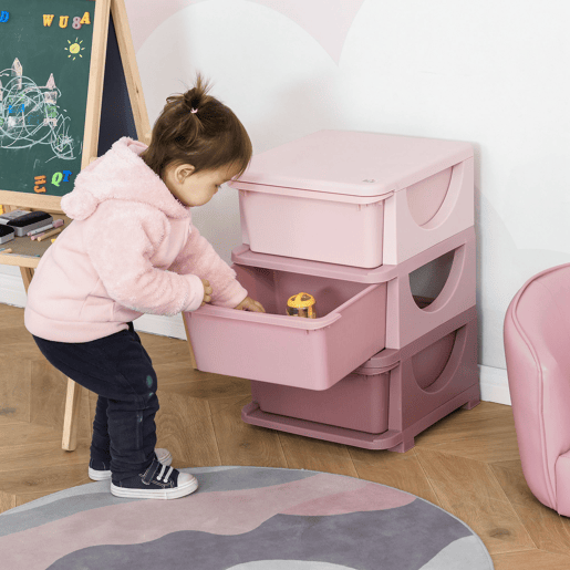 HOMCOM Organizador de Brinquedos para Crianças acima de 3 Anos com 3 Gavetas Arrumação para Brinquedos Roupas Livros 37x37x56,5 cm Rosa