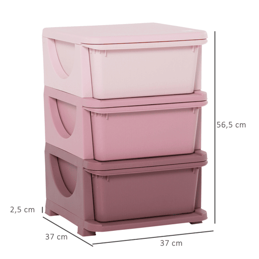 HOMCOM Organizador de Brinquedos para Crianças acima de 3 Anos com 3 Gavetas Arrumação para Brinquedos Roupas Livros 37x37x56,5 cm Rosa