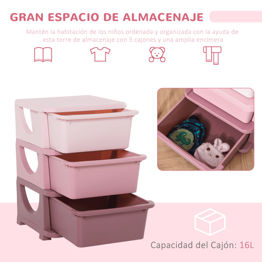 HOMCOM Organizador de Brinquedos para Crianças acima de 3 Anos com 3 Gavetas Arrumação para Brinquedos Roupas Livros 37x37x56,5 cm Rosa
