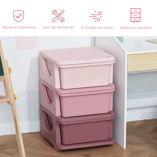HOMCOM Organizador de Brinquedos para Crianças acima de 3 Anos com 3 Gavetas Arrumação para Brinquedos Roupas Livros 37x37x56,5 cm Rosa