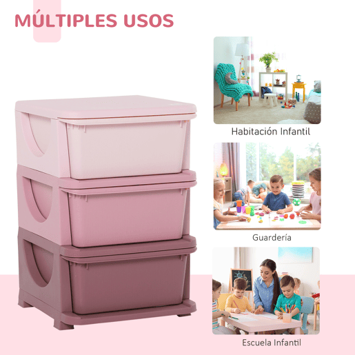 HOMCOM Organizador de Brinquedos para Crianças acima de 3 Anos com 3 Gavetas Arrumação para Brinquedos Roupas Livros 37x37x56,5 cm Rosa