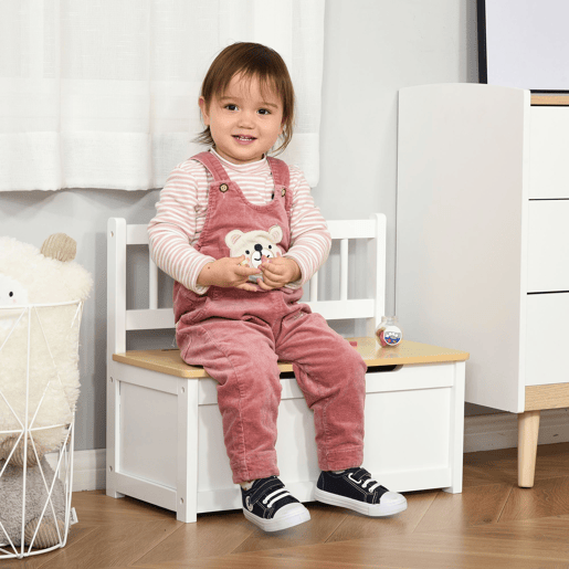 HOMCOM Baú de Brinquedos para crianças acima de 2 anos Banco de Armazenamento Infantil de Madeira de Pinho com Tampa de Amortecimento e Encosto Alto para Sala de Jogos Habitação 60x30x50cm Banco