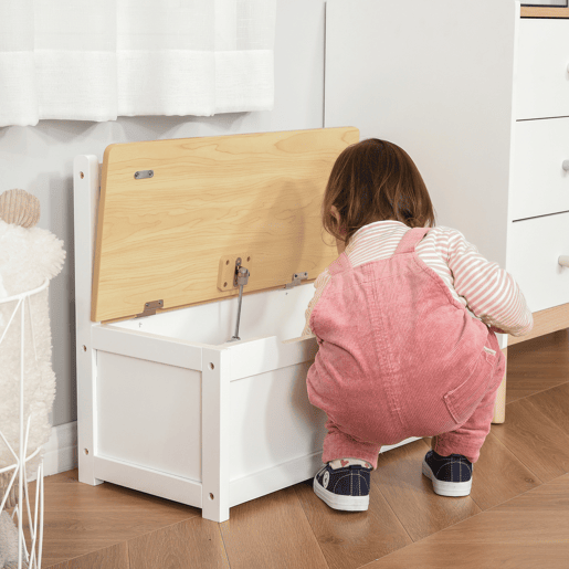 HOMCOM Baú de Brinquedos para crianças acima de 2 anos Banco de Armazenamento Infantil de Madeira de Pinho com Tampa de Amortecimento e Encosto Alto para Sala de Jogos Habitação 60x30x50cm Banco