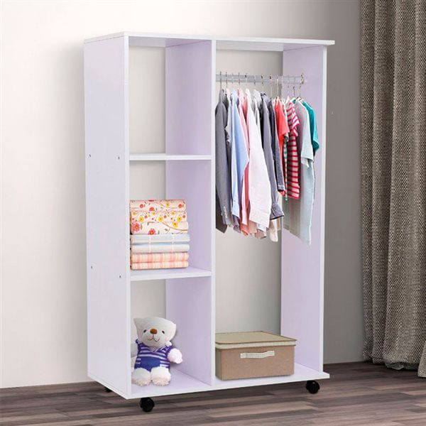 Homcom armario ropero con ruedas, armario abierto colgador con barra para colgar ropa, estantes abiertos, para dormitorio, 80x40x128 cm, blanco