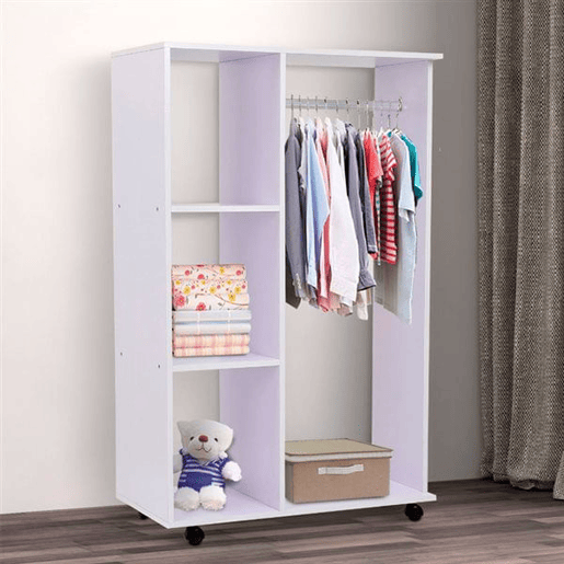 HOMCOM Roupeiro de Madeira Móvel Armário Roupeiro Aberto com Barra para Pendurar e 3 Prateleiras Organizadoras para Dormitório 80x40x128cm Branco