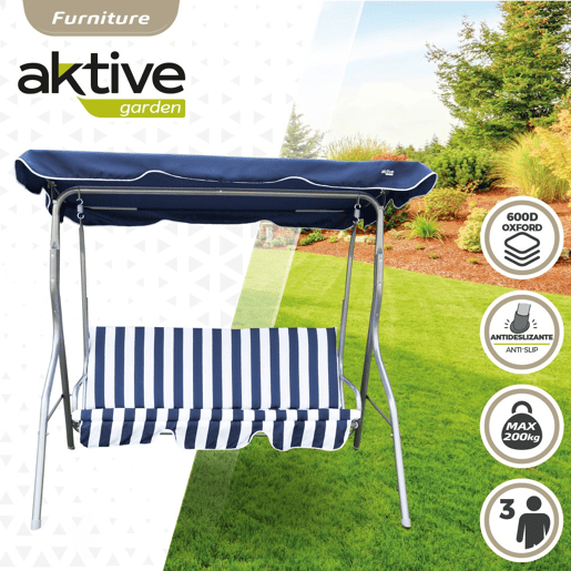 Cadeira de baloiço de jardim azul e branca com capota basculante 3 lugares Aktive