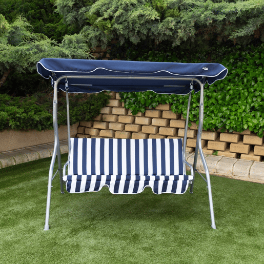 Cadeira de baloiço de jardim azul e branca com capota basculante 3 lugares Aktive