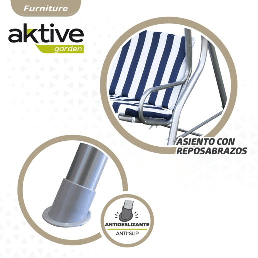Cadeira de baloiço de jardim azul e branca com capota basculante 3 lugares Aktive
