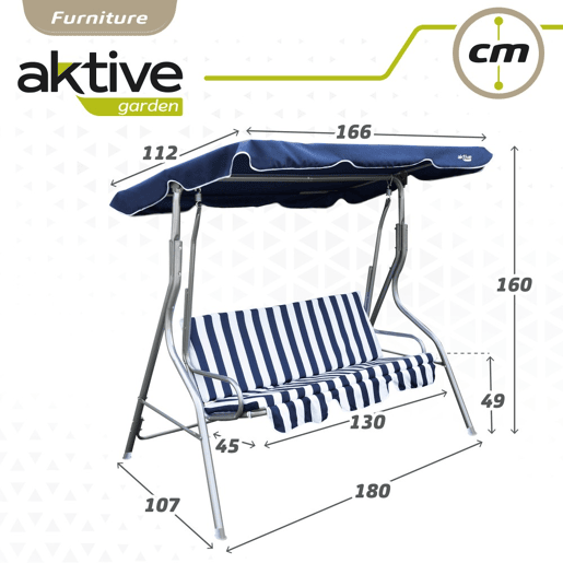 Cadeira de baloiço de jardim azul e branca com capota basculante 3 lugares Aktive
