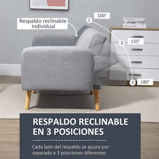 HOMCOM Sofá Cama de 2 Lugares com Encosto Ajustável em 3 Posições Apoio para os Braços Desmontável e Pés de Madeira Sofá Duplo Moderno para Sala de Estar Escritório 173x75x73cm Cinza