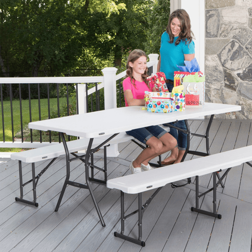 Mesa retangular dobrável efeito granito branco Lifetime 185x76x74 cm