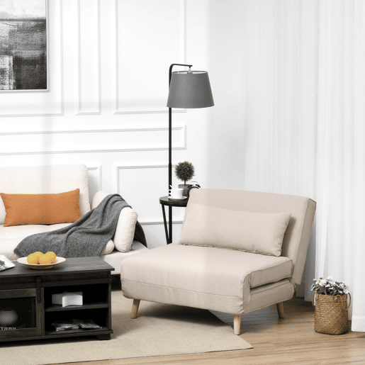 HOMCOM Sofá-Cama Individual 3 em 1, Poltrona-Cama Dobrável com Encosto Ajustável em 6 Posições, Assento Largo, Almofada Acolchoada, Pernas de Madeira, Suporta 120 kg, 94x78x80 cm, Creme