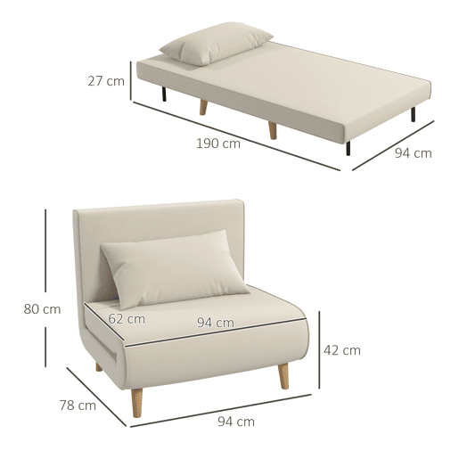 HOMCOM Sofá-Cama Individual 3 em 1, Poltrona-Cama Dobrável com Encosto Ajustável em 6 Posições, Assento Largo, Almofada Acolchoada, Pernas de Madeira, Suporta 120 kg, 94x78x80 cm, Creme