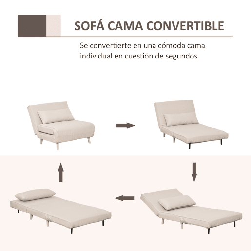 HOMCOM Sofá-Cama Individual 3 em 1, Poltrona-Cama Dobrável com Encosto Ajustável em 6 Posições, Assento Largo, Almofada Acolchoada, Pernas de Madeira, Suporta 120 kg, 94x78x80 cm, Creme