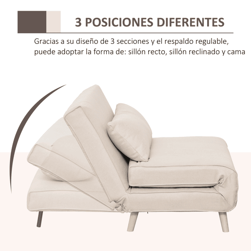 HOMCOM Sofá-Cama Individual 3 em 1, Poltrona-Cama Dobrável com Encosto Ajustável em 6 Posições, Assento Largo, Almofada Acolchoada, Pernas de Madeira, Suporta 120 kg, 94x78x80 cm, Creme