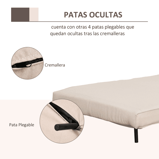 HOMCOM Sofá-Cama Individual 3 em 1, Poltrona-Cama Dobrável com Encosto Ajustável em 6 Posições, Assento Largo, Almofada Acolchoada, Pernas de Madeira, Suporta 120 kg, 94x78x80 cm, Creme