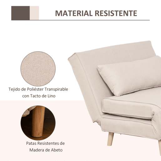 HOMCOM Sofá-Cama Individual 3 em 1, Poltrona-Cama Dobrável com Encosto Ajustável em 6 Posições, Assento Largo, Almofada Acolchoada, Pernas de Madeira, Suporta 120 kg, 94x78x80 cm, Creme