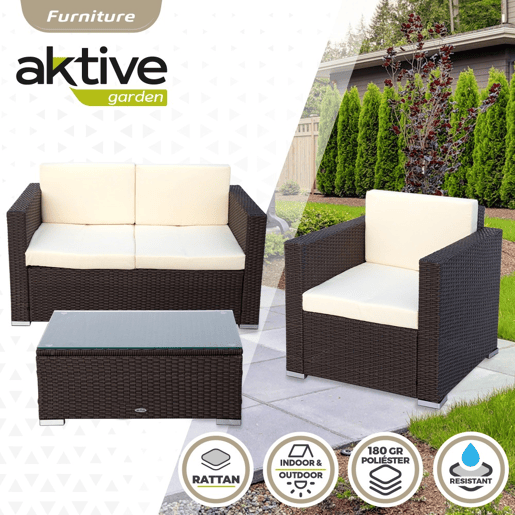 Conjunto de poltronas de vime, sofá e mesa de café para terraço Aktive