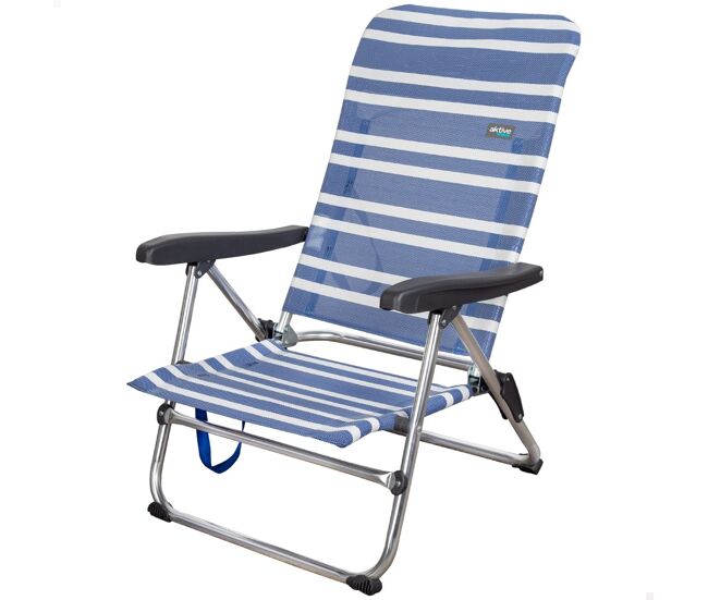 Silla playa plegable baja 5 posiciones a rayas azules y grises Aktive