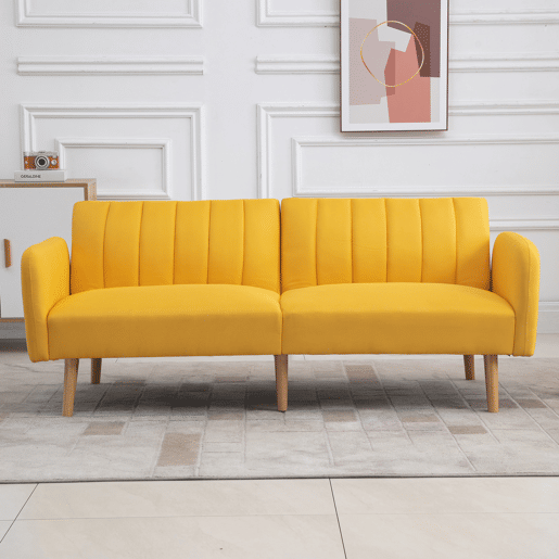 HOMCOM Sofá Cama de 2 Lugares com Encosto Ajustável em 3 Posições Apoio para os Braços Desmontável e Pés de Madeira Sofá Duplo Moderno para Sala de Estar Escritório 173x75x73cm Amarelo