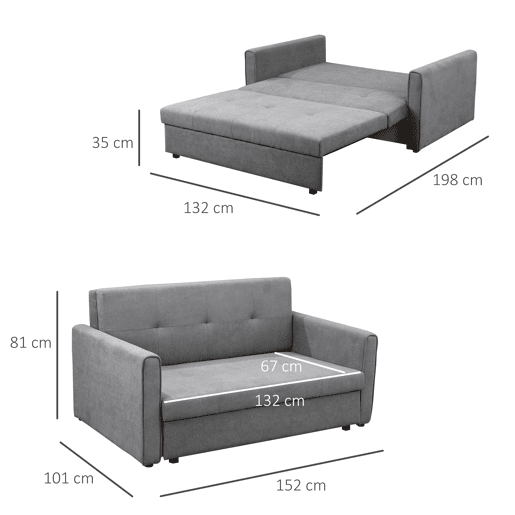 HOMCOM Sofá Cama de 2 Lugares Estofado em Algodão com 2 Almofadas Apoio para os Braços e Armazenamento Sofá Duplo Moderno para Sala de Estar Escritório 152x101x81cm Cinza