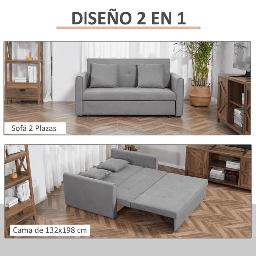 HOMCOM Sofá Cama de 2 Lugares Estofado em Algodão com 2 Almofadas Apoio para os Braços e Armazenamento Sofá Duplo Moderno para Sala de Estar Escritório 152x101x81cm Cinza