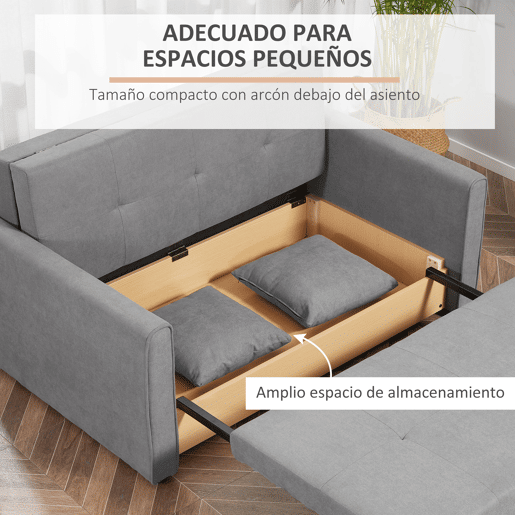 HOMCOM Sofá Cama de 2 Lugares Estofado em Algodão com 2 Almofadas Apoio para os Braços e Armazenamento Sofá Duplo Moderno para Sala de Estar Escritório 152x101x81cm Cinza