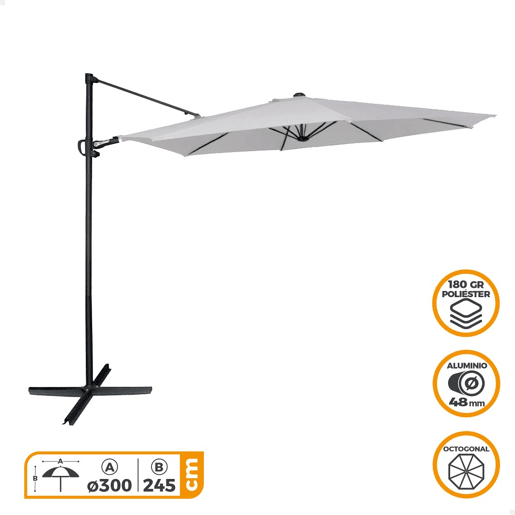 Guarda-sol octogonal Ø300 cm estrutura aluminio e cor cinza Aktive Garden
