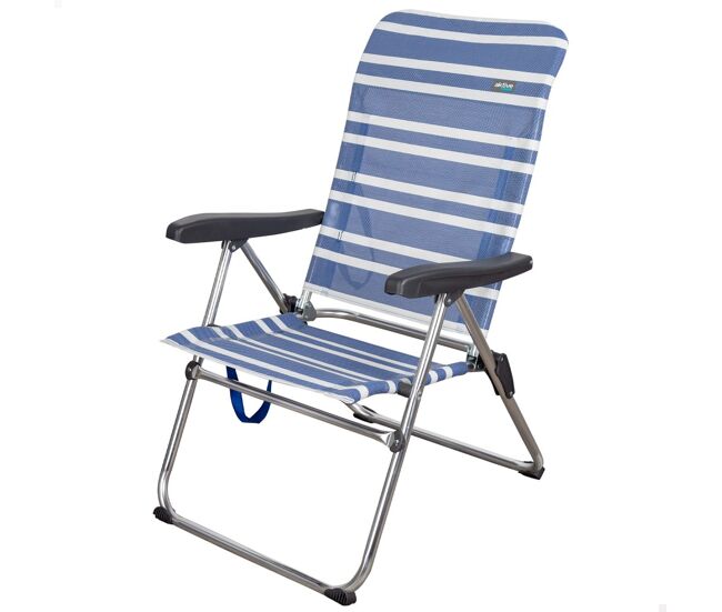 Silla plegable playa alta 5 posiciones a rayas azules y grises Aktive