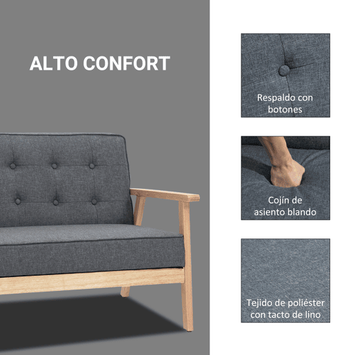 HOMCOM Sofá de 2 Lugares com Encosto e Almofadas Acolchoados Pés de Madeira Antiderrapantes para Sala de estar Dormitório Oficina 114x66x69 cm Cinza