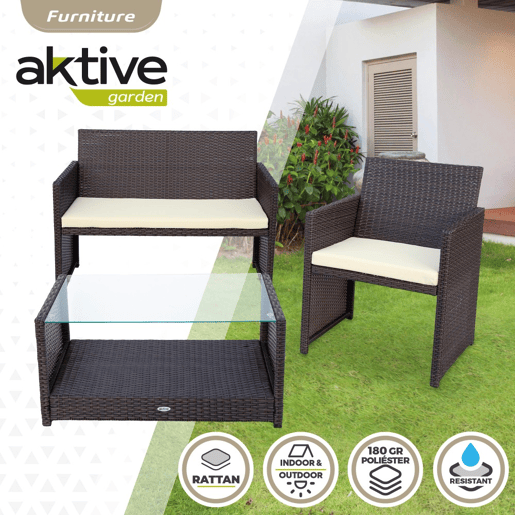 Conjunto de móveis de terraço em vime 3 poltronas e 1 mesa Aktive