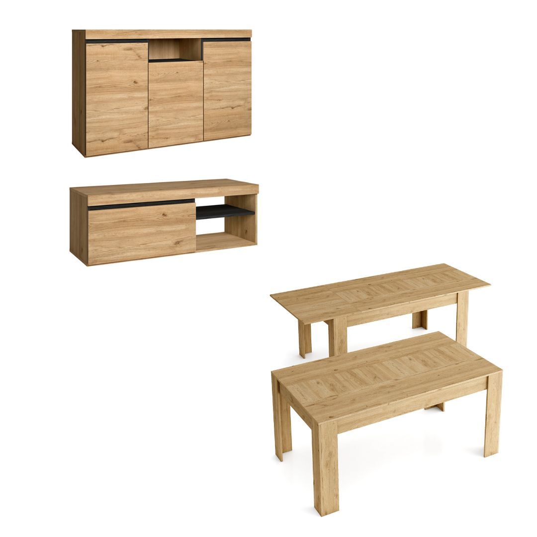 Set naturale salón comedor, mueble auxiliar,  buffet-mueble tv 120cm-mesa extensible roble negro nórdico