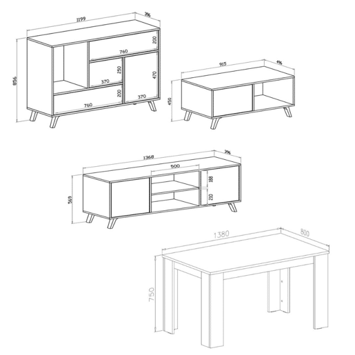 Conjunto Naturale, Sala de estar, Sala de jantar, Buffet-móvel tv120cm - mesa extensível cor CarvalhoPreto Conjunto Naturale, Sala de estar, Sala de jantar, Buffet-móvel tv120cm - mesa extensível cor CarvalhoPreto