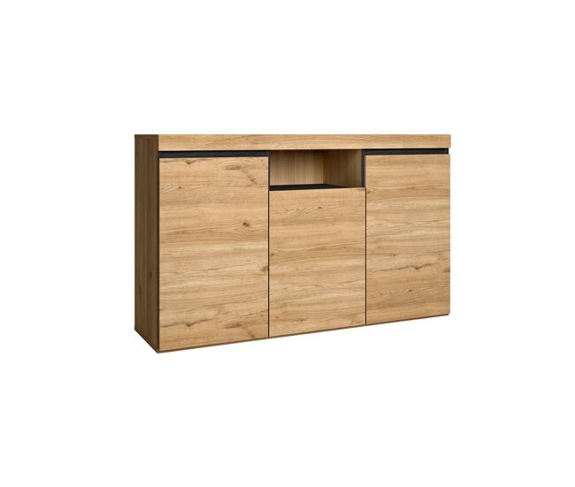Aparador salón comedor despacho color roble/negro 3 puertas 1 hueco 81x140x40cm, nórdico