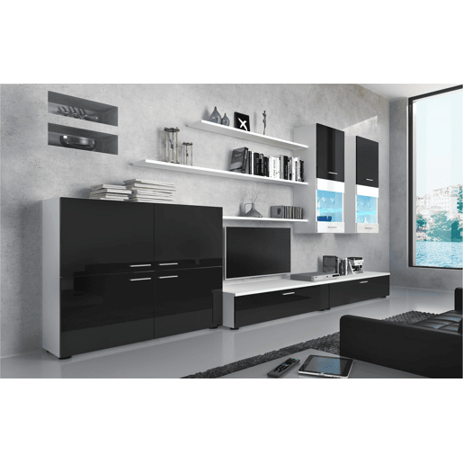Mobiliário moderno de sala de jantar, sala de estar com luzes LED, cor em Laca Negra Brilhante e Branco Mate, 300x42x189cm Mobiliário moderno de sala de jantar, sala de estar com luzes LED, cor em Laca Negra Brilhante e Branco Mate, 300x42x189cm