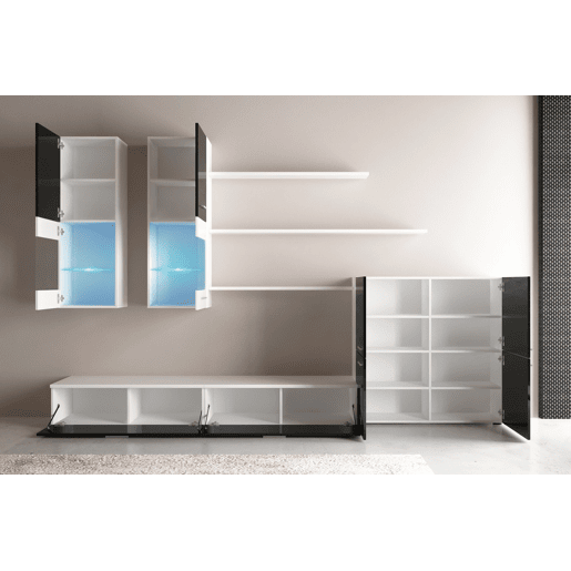Mobiliário moderno de sala de jantar, sala de estar com luzes LED, cor em Laca Negra Brilhante e Branco Mate, 300x42x189cm Mobiliário moderno de sala de jantar, sala de estar com luzes LED, cor em Laca Negra Brilhante e Branco Mate, 300x42x189cm