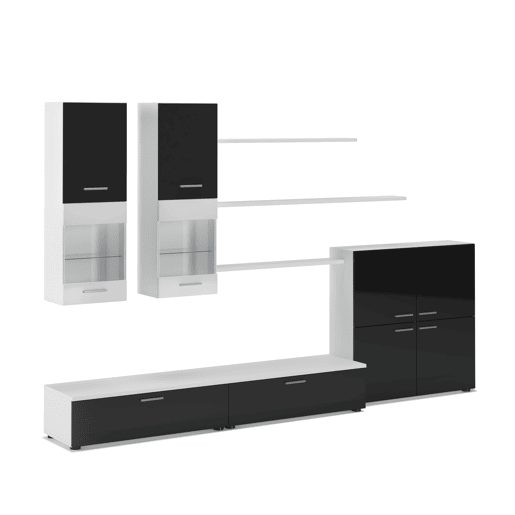 Mobiliário moderno de sala de jantar, sala de estar com luzes LED, cor em Laca Negra Brilhante e Branco Mate, 300x42x189cm Mobiliário moderno de sala de jantar, sala de estar com luzes LED, cor em Laca Negra Brilhante e Branco Mate, 300x42x189cm