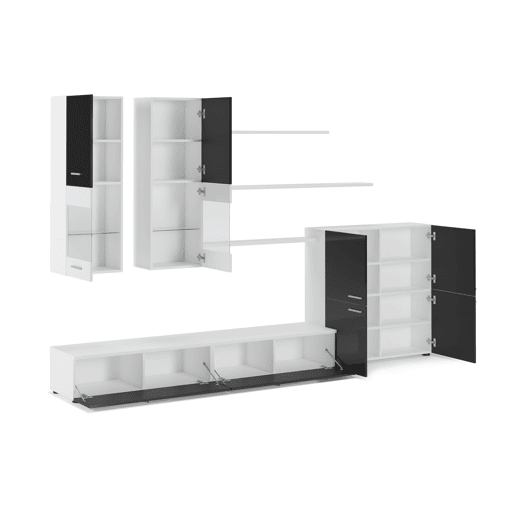 Mobiliário moderno de sala de jantar, sala de estar com luzes LED, cor em Laca Negra Brilhante e Branco Mate, 300x42x189cm Mobiliário moderno de sala de jantar, sala de estar com luzes LED, cor em Laca Negra Brilhante e Branco Mate, 300x42x189cm