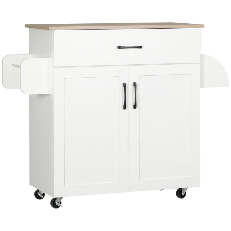 Homcom carro de cocina con 1 cajón 2 puertas toallero y especiero carrito auxiliar con ruedas para comedor salón bar carga 80 kg 105x36x85 cm blanco