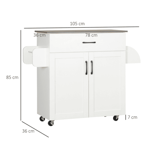 HOMCOM Carrinho de Cozinha com 1 Gaveta 2 Portas Suporte para Panos e Especies Carrinho Auxiliar com Rodas para Sala de Jantar Carga Máxima 105x36x85cm Branco