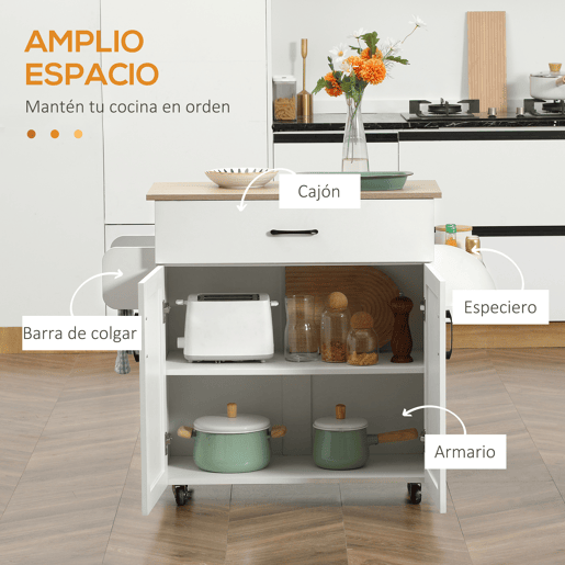 HOMCOM Carrinho de Cozinha com 1 Gaveta 2 Portas Suporte para Panos e Especies Carrinho Auxiliar com Rodas para Sala de Jantar Carga Máxima 105x36x85cm Branco