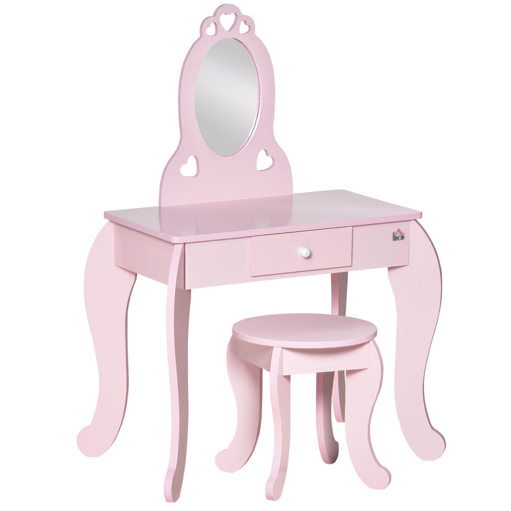 Homcom tocador infantil de madera para niñas de 3-6 años con taburete y espejo tipo princesa mesa de maquillaje para niñas con cajón para dormitorio