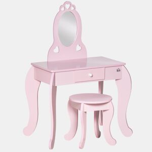 HOMCOM Toucador Infantil de Madeira para Crianças de 3-6 Anos com Banco e Espelho Estilo Princesa Mesa de Maquilhagem Infantil com Gaveta para Dormitório 60x36x88cm Rosa