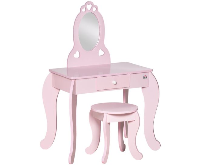 Homcom tocador infantil de madera para niñas de 3-6 años con taburete y espejo tipo princesa mesa de maquillaje para niñas con cajón para dormitorio