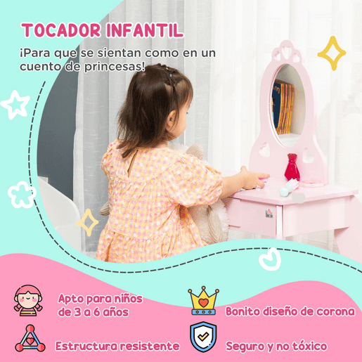 HOMCOM Toucador Infantil de Madeira para Crianças de 3-6 Anos com Banco e Espelho Estilo Princesa Mesa de Maquilhagem Infantil com Gaveta para Dormitório 60x36x88cm Rosa