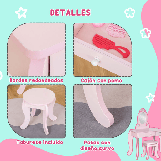 HOMCOM Toucador Infantil de Madeira para Crianças de 3-6 Anos com Banco e Espelho Estilo Princesa Mesa de Maquilhagem Infantil com Gaveta para Dormitório 60x36x88cm Rosa