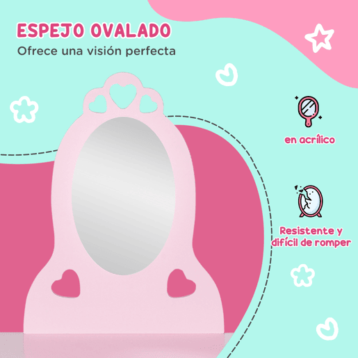 HOMCOM Toucador Infantil de Madeira para Crianças de 3-6 Anos com Banco e Espelho Estilo Princesa Mesa de Maquilhagem Infantil com Gaveta para Dormitório 60x36x88cm Rosa