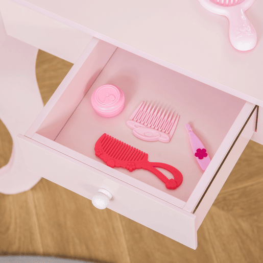 HOMCOM Toucador Infantil de Madeira para Crianças de 3-6 Anos com Banco e Espelho Estilo Princesa Mesa de Maquilhagem Infantil com Gaveta para Dormitório 60x36x88cm Rosa