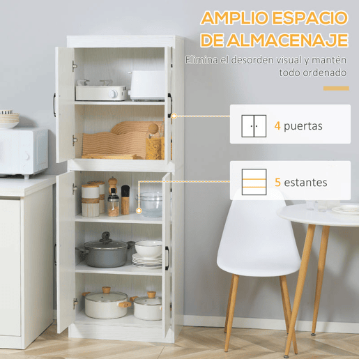 HOMCOM Armário de Cozinha Móvel Auxiliar de Cozinha com 4 Portas e 5 Prateleiras para Cozinha Sala de Jantar Estilo Moderno Anti-Tombo 60x36x168cm Branco