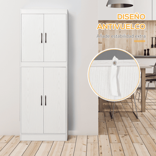 HOMCOM Armário de Cozinha Móvel Auxiliar de Cozinha com 4 Portas e 5 Prateleiras para Cozinha Sala de Jantar Estilo Moderno Anti-Tombo 60x36x168cm Branco